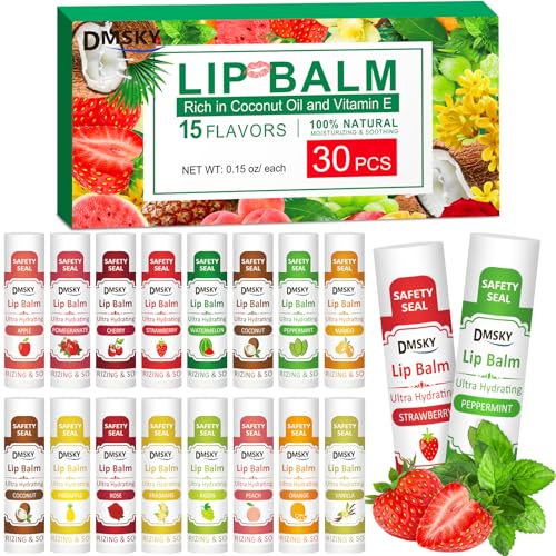 DMSKY 30 Pack Lip Balm, Natural Lip Balm Bulk with Vitamin E and Coconut Oil, Moisturizing Soothing Chapped Lips-15 Flavors