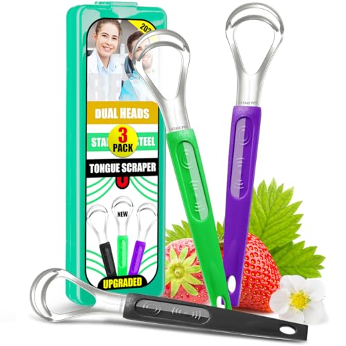 3 Pack Metal Tongue Scrapers for Kids Adults, Stainless Steel Tongue Cleaner Scrubber with Travel Case