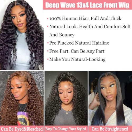 Deep Wave Lace Front Wigs Human Hair 180% Density 13x4 Deep Curly Lace Frontal Wigs Hd Transparent Lace Wig 100% Virgin Human Hair Glueless Wig with Baby Hair Natural Black 26 Inch