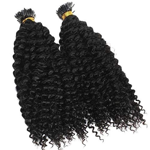 Long Kinky Curly Pre Bonded Fusion I Tip Human Hair Extension Mongolian Human Hair I Tip Hair Extensions 100g/100 strands (24inch 100Strands, #Natural Color)