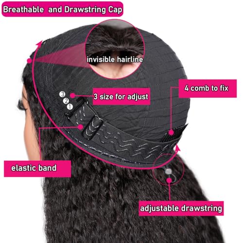 Kinky Straight Half Wig Human Hair 200 Density 3 In 1 Seamless Flip Over Half Wigs Human Hair Glueless Wear and Go Beginner Friendly Kinky Straight Human Hair Drawstring Headband Wig for Women 20 Inch