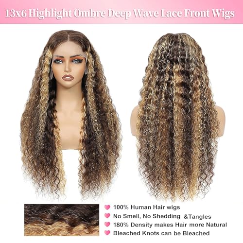 30 Inch 13x6 Lace Front Wig Human Hair Wigs Highlight Deep Wave Wigs 180% Density 4/27 HD Curly Honey Blonde Wig Human Hair Pre Plucked Colored Wigs