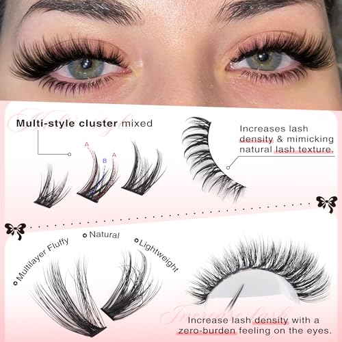 Wispy Lash Clusters Kit Cluster Eyelash Extensions Natural Lash Extension Kit C Curl Fluffy Individual Eyelashes with Bottom Lashes Clusters Waterproof Bond and Seal DIY at Home