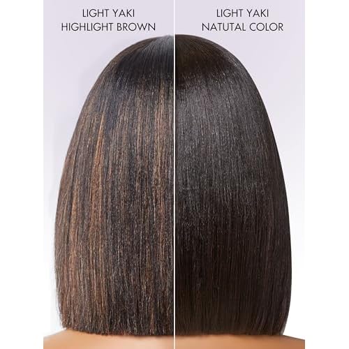 LUVME HAIR 12 Inch Yaki Straight Bob Wig with Bangs Human Hair Glueless HD Lace Bob Wig with Brown Highlights, Ready to Go Short Wigs For Women 180 Density Breathable Cap