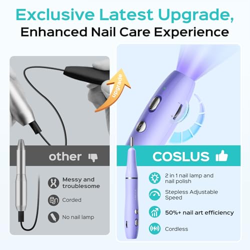 COSLUS Cordless Nail Drill Electric: 2-in-1 Nail File with Flash Cure for Acrylic Gel Dip Powder Nails, Stepless Control for Beginner Home DIY, Portable for Travel, Professional Pedicure Manicure Kit