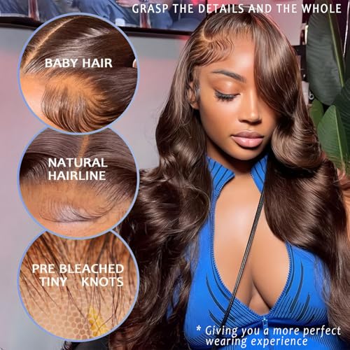 Chocolate Brown Lace Front wig 13¡¿6 Body Wave Lace Front Wigs Human Hair 200 Density HD Lace Brown Human Hair wig Pre Plucked Pre Bleached Knots (Brown, 26 inch)