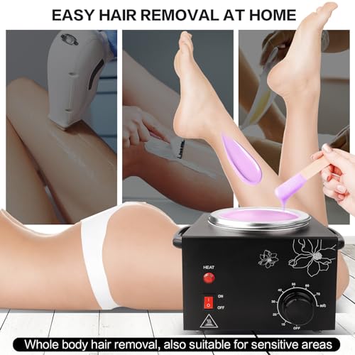 Portable Wax Warmer Machine for Painless Hair Removal, Women Men Professional Wax Heater with Adjustable Temperature Set, 20pcs Sticks, 1 Silicone Bowl (Black- Single Pot)