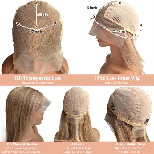 Belaved 8T860 16 Inch Ombre Bob Wig Human Hair Highlight Brown to Blonde 13¡¿6 Glueless HD Lace Front Bob Wigs with Baby Hair Free Part Pre Plucked Hairline Straight Bob Wig Human Hair for White Women