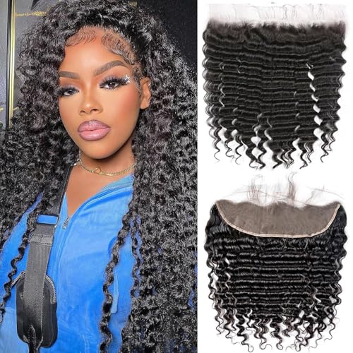 13x4 HD Lace Frontal Closure 12 Inch Deep Wave Lace Frontal Human Hair 100% Unprocessed Brazilian Virgin Hair Ear to Ear Swiss HD Transparent Lace Closure Culry Pre Plucked Free Part Natural Black