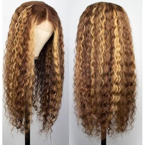 Ombre Highlight Wear and Go Glueless Wigs Human Hair Pre Plucked Pre Cut Deep Wave Lace Front Wigs Human Hair 4x4 Lace Closure Wig for Black Women 180% Density Curly Wig 28 Inch