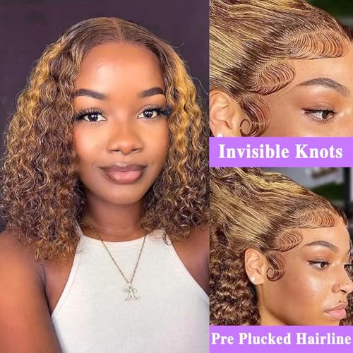 Highlight Bob Curly Wigs Human Hair 13x4 HD Lace Frontal Wig Ombre Bob Lace Front Wigs Human Hair Pre Plucked With Baby Hair 4/27 Ombre Bob Wigs Human Hair180% Density 12 Inch