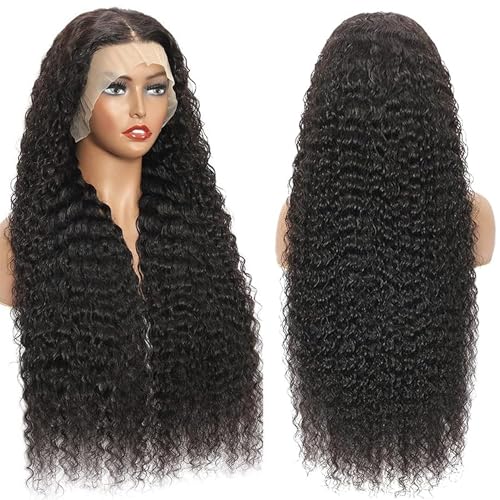 13x6 Deep Wave Lace Front Wigs 200% Density 13x6 HD Transparent Frontal Wigs for Women Deep Curly Glueless Wigs Pre Plucked with Baby Hair Natural Black (32Inch)