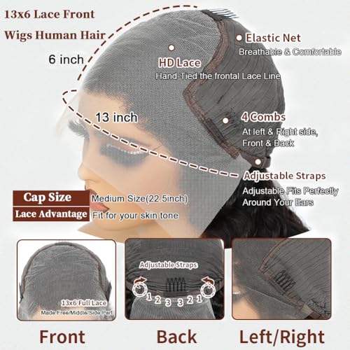 30 Inch Body Wave Lace Front Wigs Human Hair 13x6 HD Lace Frontal Wigs Human Hair Pre Plucked 200% Density Glueless Wig For Women Natural Color
