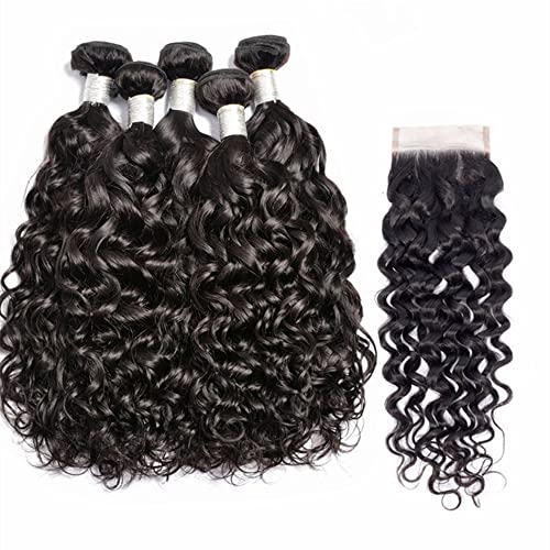 Brazilian Water Wave 5Bundles(50g/bundle) with 4x4 Lace Closure, Wet and Wavy Bundles Human Hair, Long Curly Bundles Human Hair with Free Part Closure (20/20/20/20/20+20)
