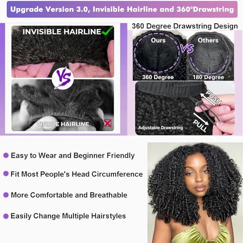Kinky Curly Half Wig Human Hair 180% Density 3 In 1 Seamless Flip Over Half Wigs Human Hair Glueless Wear and Go Beginner Friendly 24 Inch Drawstring Headband Wig Human Hair for Women Natural Black