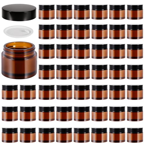 48 Pack 2oz Amber Glass Jars with Lids, Airtight Small Containers with Liners Lid for Cosmetics, Crams, Lotions Powder, Onitments Candle Making, DIY | Leak-Proof, Reusable