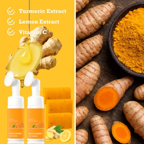 Turmeric Wash and Care 2 Piece Set ? 2 bottles turmeric face wash with brush + 3 Pack Cleansing Soap Bars for Face and Body, Turmeric Face Wash and Soap Combo for All Skin Types