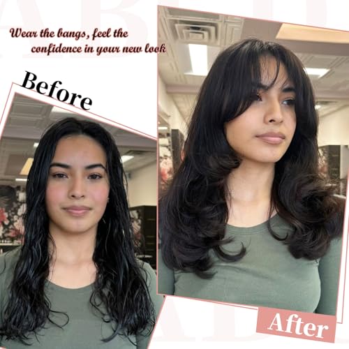Clip in Bangs, 100% Real Human Hair Natural Black Fake Bangs Clip in Hair Extensions French Bangs Fringe with Temples Hairpieces for Women Curved Curtain Bangs for Daily Wear