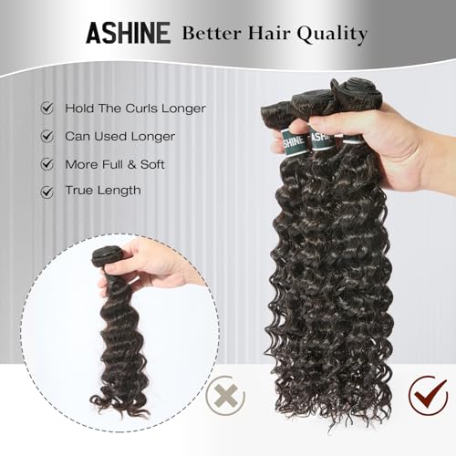 ASHINE Human Hair Bundles Deep Wave Unprocessed Cambodian Raw Hair 16 18 20 Inch, Flip Over Quick Weave Wet and Wave Bundles for Women Natural Black