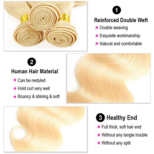 613 Human Hair Bundles Brazilian Body Wave Blonde Virgin Hair 3 Bundles with 4x4 Lace Closure Free Part Remy Hair Extensions for Women (14 16 18+12, #613)
