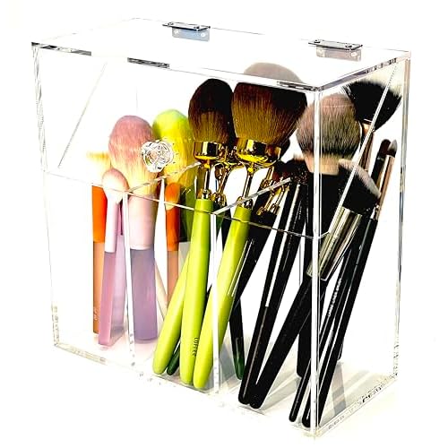 Acrylic Makeup Organizer,Clear Cosmetic Brush Storage Box With 3 Brush Holders,Makeup Brush Holderwith Dust Cover, Large-capacity Split Design Can Quickly Organize the Desktop£¨No pearls£©