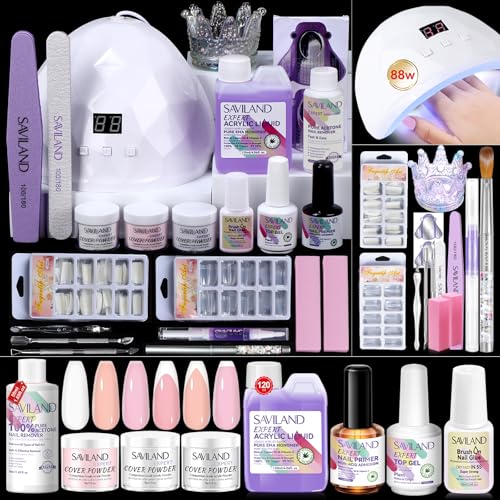 SAVILAND Plus Acrylic Nail Kit: Professional Nails Kit Set Clear White Pink Acrylic Powder and Liquid Set with U V Nail Lamp Nail Remover for DIY Home Use