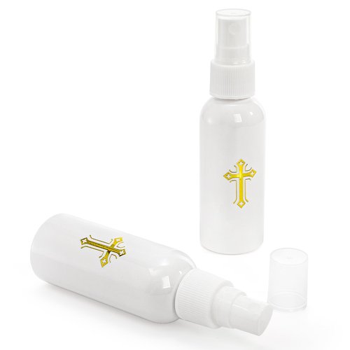 Hiceeden 30 Pcs 60ML Spray Bottles with Gold Cross Pattern, Empty Plastic Catholic Water Container, Portable Water Bottles for Halloween Easter Party, White (2oz)