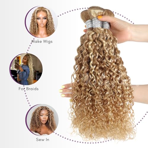 27/613 Ombre Blonde 3 Bundle Human Hair Water Wave 16/18/20 Inch, 13A Grade Highlighted Multi-Blonde Human Hair Wet n Wavy Curly Bundles 100% Raw Brazilian Silky Colored Hair Weaves Extension