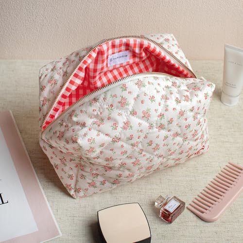 2-Piece Handmade Cotton Quilted Makeup Bag Set, Floral Cosmetic & Skincare Organizer Zippered Pouch for Women & Girls, Travel Toiletry Bag for Essentials,Rose