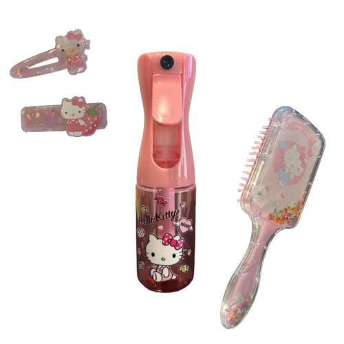 Balm of Beauty Hair Care Set Continuous Water Spray Bottle Brush Hair Clips Cute Kawaii Cartoon Dog Bunny Cat (Pink Kitty)
