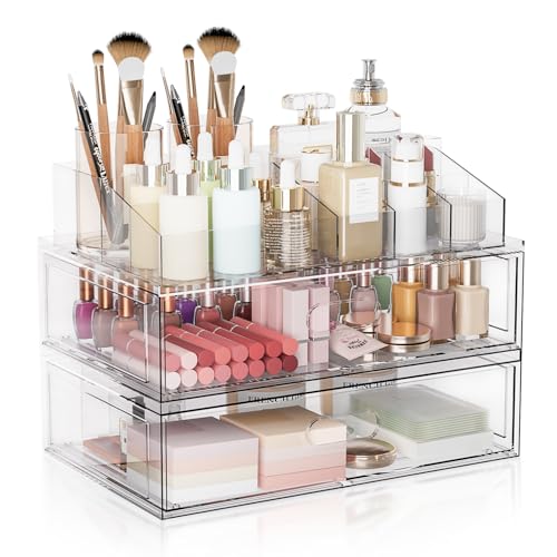 Clear Stackable Makeup Organizer with Drawer, 12''W Acrylic Storage Drawers, Cosmetic Display Case for Vanity Bathroom Countertop, Beauty Holder for Lipstick Brush Skincare Perfume