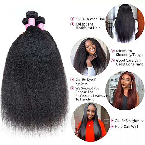 Kinky Straight Bundles with Closure 10A Kinky Straight Human Hair 3 Bundles with 4x4 Lace Closure Unprocessed Brazilian Virgin Human Hair Weave Extensions Natural Color (18 20 22+16 closure)