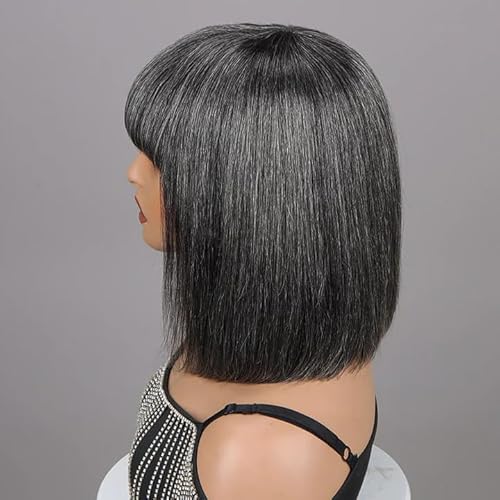 soul lady Chic Glueless Layered Wigs With Bangs Dark Salt & Pepper Straight Human Hair Real Wear To Go Wigs For Women Natural and Silver Grey Wear and Go Bob Wig Natural and Gray 12 Inch