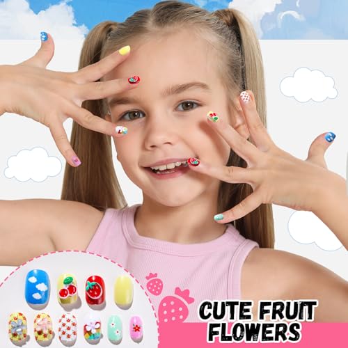 FANDAMEI Press on Nails for Girls, 6 Styles 144PCS Press on Nails for Kids, Little Girl Nails Press on Short Round with Nail Charms and Gems, Fake nails for Kids, Girls with Adhesive Tabs
