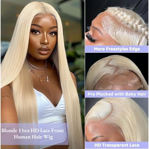 SIYUSI 32Inch 613 Lace Front Wig Human Hair,13x4 HD Transparent Lace, 200% Density Straight Brazilian Blonde Wig, Pre-Plucked with Baby Hair