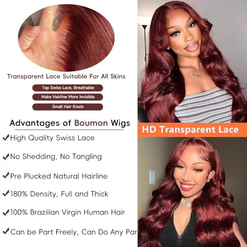 Reddish Brown Lace Front Wigs Human Hair 13x4 HD Body Wave Lace Front Wig Pre Plucked 180 Density Lace Frontal Wigs 33# Color Brown Auburn Human Hair Wig for Women 26 Inch