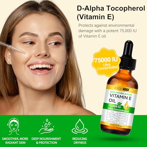 Vitamin E Oil, 75,000 IU Organic Pure Vitamin E Oil for Tightening Plump Skin, Reduce Fine Lines & Scars, Moisturizing Skin, Face & Full Body- 2Fl Oz
