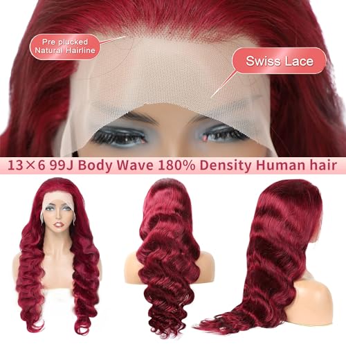 Burgundy Lace Front Wigs Human Hair 24 Inch 99j 13x6 Body Wave Wigs Human Hair 180% Density Preplucked Full and Thick,100% Real Human Hair No Synthetic Blend No Tangle No Shedding Triple Lifespan 3X