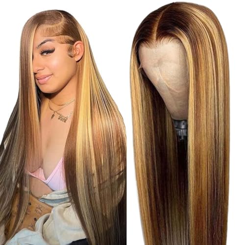 Cypha Ombre Lace Front Wig Human Hair 28inch 13x6 Straight Highlight Wig Human Hair 180% Density 4/27 Colored Honey Blonde HD Lace Frontal Wigs For Women Glueless Pre Plucked with Baby Hair