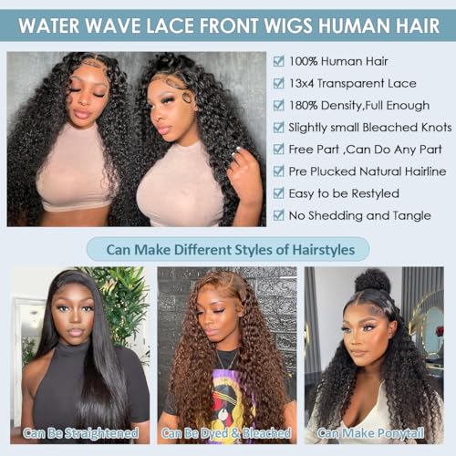 Water Wave 13x4 HD Lace Front Wigs Human Hair 180 Density Wet And Wavy Human Hair Wig Pre Plucked Wigs for Woman With Baby Hair Natural Black Color 28 Inch