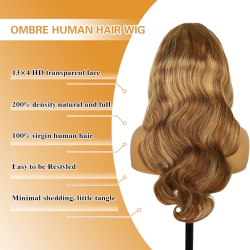 26 Inch Ombre Lace Front Wigs Human Hair 200% Density 13X4 Highlight Body Wave Lace Front Wig Human Hair Pre Plucked for Women Brown mixed Blonde HD Lace Frontal Wigs
