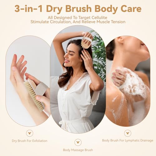 3-Pack Dry Body Brush with Massage Brush Exfoliating Dry Brushing Body Brush for Lymphatic Drainage, Natural Boar Bristle Dry Brush for Body Cellulite Improving Blood Circulation
