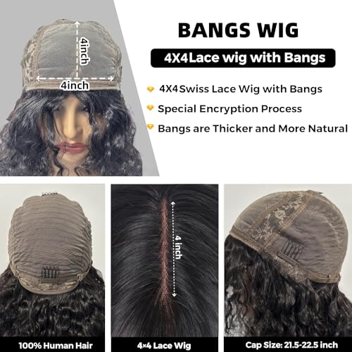 Shaggy Haircuts Curly Human Hair Wig with Bangs 4x4 HD Lace Closure Wig with Bangs Human Hair Wear and Go Glueless Wigs for Black Women (Black,26inch)