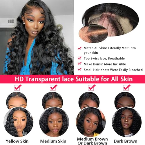 34 Inch 13x6 Lace Front Wigs Human Hair Body Wave 13x6 HD Lace Frontal Wig 180 Density Unprocessed Brazilian Virgin Human Hair Glueless Wigs Pre Plucked Lace Front Wigs for Women