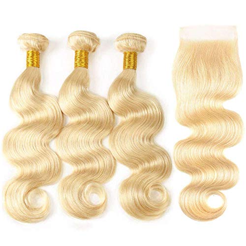 613 Human Hair Bundles Brazilian Body Wave Blonde Virgin Hair 3 Bundles with 4x4 Lace Closure Free Part Remy Hair Extensions for Women (14 16 18+12, #613)