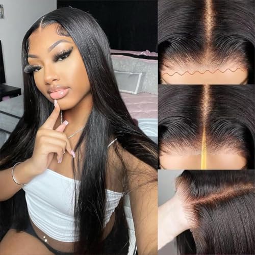 HD Transparent Straight Lace Front Wigs Human Hair Pre Plucked Pre Cut 200 Density Straight Frontal Wigs For Women Glueless Straight Lace Front Wig (13x6 Natural Black Straight Wig, 24 Inch)