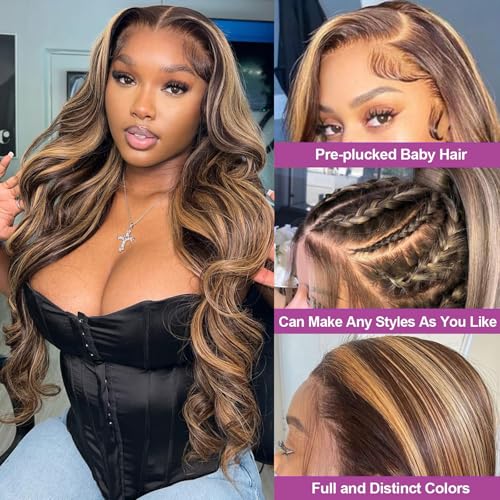 Ombre Honey Blonde 360 Lace Front Wigs Human Hair Drawstring Highlight Body Wave Lace Front Wigs Human Hair Pre Plucked 360 HD Full Lace Wig 180 Density Frontal Glueless Wigs for Women 28 Inch