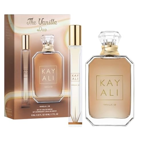 Huda Kayali Beauty The Vanilla Duo Limited Edition Gift Set: Vanilla | 28 Eau De Parfum Full Size (1.7 fl oz / 50 ml) and Travel Size Spray (0.33 fl oz / 10 ml)