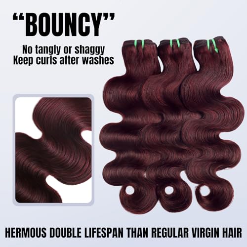 13A Double Drawn 99J Dark Burgundy 3 Bundles Body Wave Human Hair, Double Lifespan Than Regular Hair, Keep Silky And Soft After Washes Colored #99J Wine Cheery Red Bundles Raw Hair 10 12 14 IN