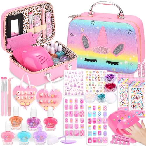 Kids Nail Polish with Press on Nails Set for Girls, Non-Toxic Nail Art Kit with Portable Dryer and Unicorn Case, Cute Stuff Gift Toys for Girls Age 8 -12